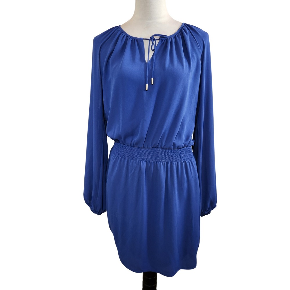 White House Black Market Blue Long Sleeve‎ Smocked Waist Tie Neck Dress Size 6